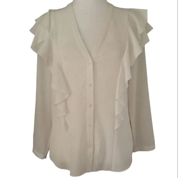Veronica Beard Light Cream Color Ruffle Detail Crepe Feel Blouse Size 4 - Picture 3 of 7